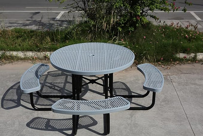 8-Person Picnic Tables for Outdoors, Industrial 46" Expanded Metal Round Picnic Table with 4 Benches & Umbrella Hole, Outside Table and Bench Set for Park, Garden, Backyard, Patio, Grey