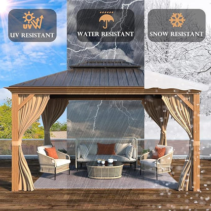 YOLENY 10'x12' Hardtop Gazebo, Wooden Finish Coated Aluminum Frame Canopy with Galvanized Steel Roof, Outdoor Metal Gazebos with Curtains and Nettings for Patio, Backyard, Deck and Lawns