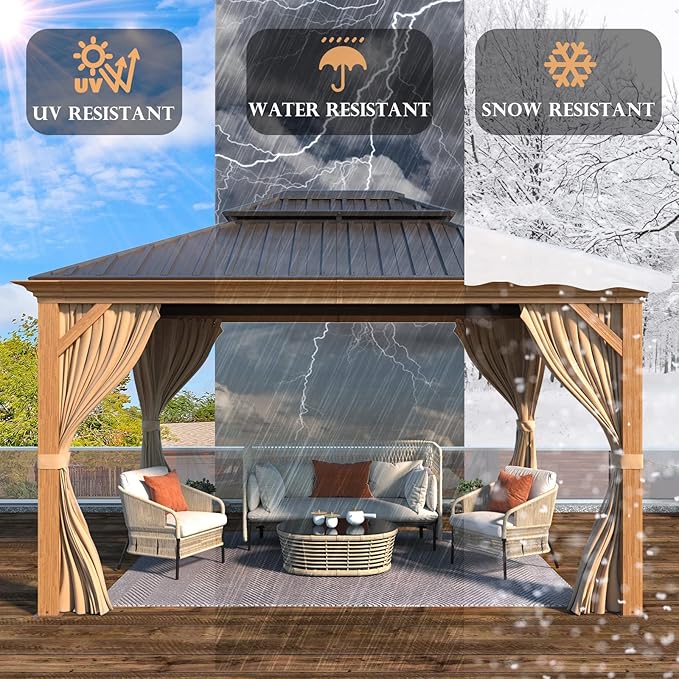 YOLENY 10' x 12' Hardtop Gazebo, Wood-Looking Gazebo with Galvanized Steel Double Roof, Aluminum Frame, Permanent Metal Pavilion with Netting and Curtains for Deck, Backyard, Patio and Lawns