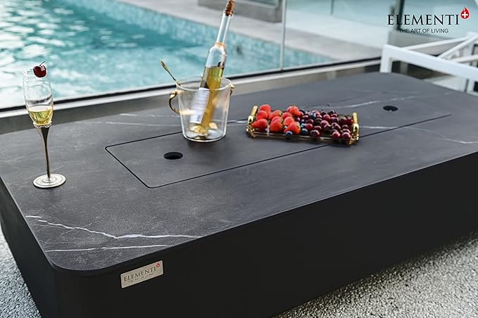 Elementi+ | Bundle Valencia Gas Fire Pit | Concrete Body & Marble Porcelain Top | 62" Rectangular Fire Table | Electronic Ignition | Canvas Cover, Fire Glass, Burner Lid & More | Black | Propane Gas
