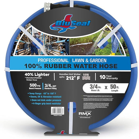 BluSeal Hot/Cold Water Rubber Garden Hose, 100% Rubber, Ultra-Light, Super Strong, 500 PSI, 50F to 190F Degrees, High Strength Polyester Braided (3/4" x 50')