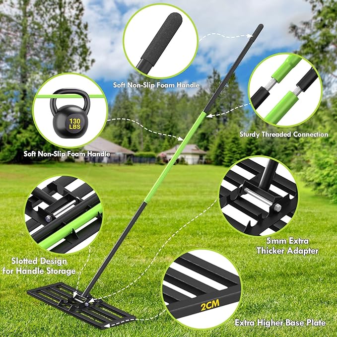 Seeutek Lawn Leveling Rake, 35” x 10” Lawn Leveler with 6.5FT Stainless Steel Handle Rakes for Lawns, 0-180° Adjustable Ground Leveler Tool for Yard, Level Soil Sand Dirt Surfaces
