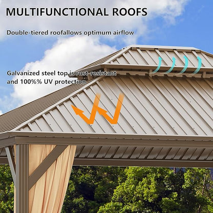 10x14 ft Hardtop Gazebo Outdoor Aluminum Patio Gazebo Double Roof Galvanized Steel Canopy with Netting and Curtains for Garden, Backyard, Deck and Lawns.