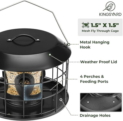 Kingsyard Mesh Caged Bird Feeders for Outdoor Hanging, Tube Squirrel Proof Bird Feeders with Tray for Small Birds Finches Bluebird, Rain Proof Covered, 4 Feeding Ports, Black