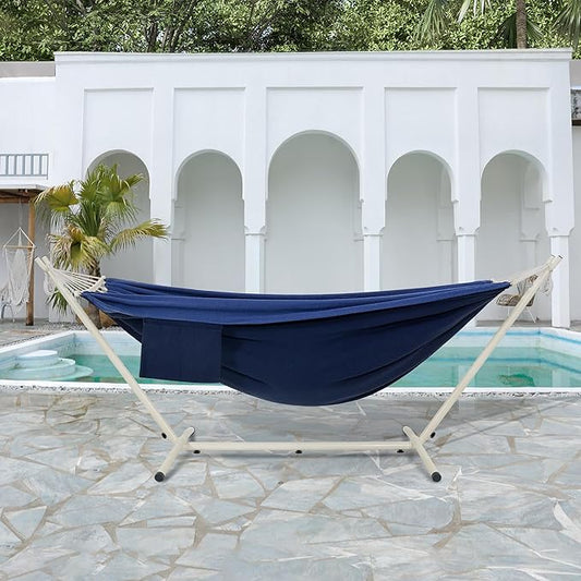 LazyDaze Hammocks Double Hammock with Stand - 2 Person Heavy Duty Outdoor Hammock for Adults, Includes Durable Steel Stand, Portable Carrying Bag and Pillow, Navy Blue