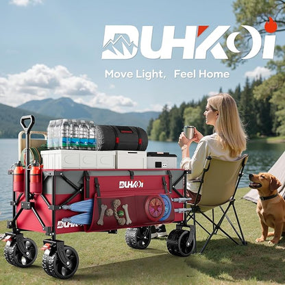 49" L Collapsible Extended Wagon with 500lbs Weight Capacity,300L Heavy Duty Sports Wagon,Big All-Terrian Wheels with Cup Holders,Cart for Sports,Grocery,Shopping,(Rosepink)