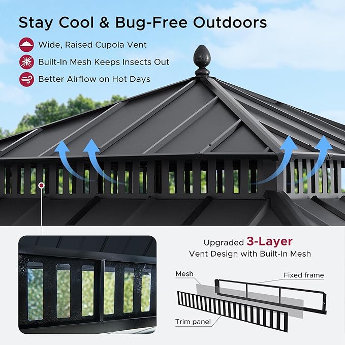 SUNJOY Kingston 12' x 12' Hardtop Gazebo with Galvanized Steel Double Roof, Curtain and Netting, Gray Aluminum Posts Permanent Pavilion Gazebo for Garden, Patio, Deck, Lawn