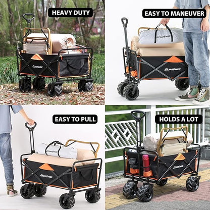 EchoSmile Heavy Duty 350 Lbs Capacity Collapsible Wagon, Outdoor Folding Camping Wagons, Grocery Portable Utility Cart, Adjustable Rolling Carts, All Terrain Sports Wagon with Big Wheels by Boahaus