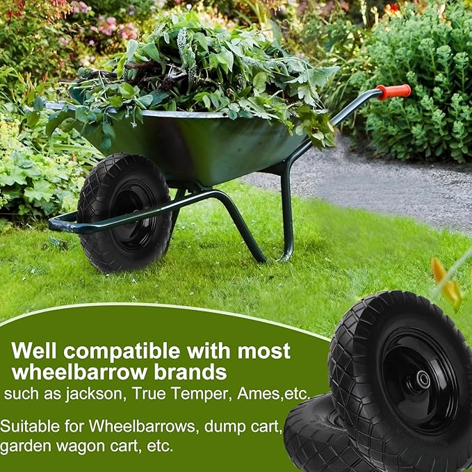 Upgraded 16" Flat Free Wheelbarrow Wheels and Tires, 4.80/4.00-8 Solid Tires with 5/8" & 3/4" Bearings,14"-16" Universal Fit Wheelbarrow Wheels for Wheelbarrows/Garden Trailer