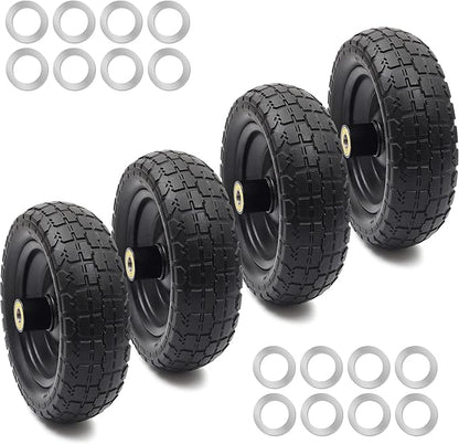 AR-PRO (4-Pack) Replacement Wheels 10 inch Flat Free Tire - Solid Flat-Free Tire and Wheel - 3" Wide Tires with 5/8 Axle Borehole and 2.1" Hub - Compatible with Garden, Yard and Farm Cart