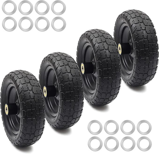 AR-PRO (4-Pack) Replacement Wheels 10 inch Flat Free Tire - Solid Flat-Free Tire and Wheel - 3" Wide Tires with 5/8 Axle Borehole and 2.1" Hub - Compatible with Garden, Yard and Farm Cart