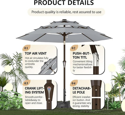 9FT 3-Tier Large Outdoor Patio Umbrella Market Table Umbrella-UV Resistant,Easy Push Button Tilt and Crank,8 Sturdy Fiberglass Ribs Heavy-Duty Pool Umbrella for Deck,Backyard,Garden,Yard,Light Gray
