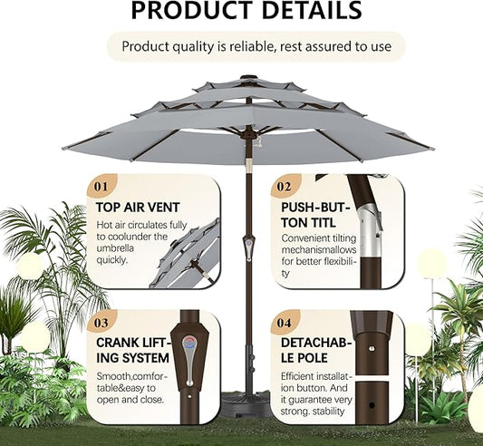 9FT 3-Tier Large Outdoor Patio Umbrella Market Table Umbrella-UV Resistant,Easy Push Button Tilt and Crank,8 Sturdy Fiberglass Ribs Heavy-Duty Pool Umbrella for Deck,Backyard,Garden,Yard,Light Gray