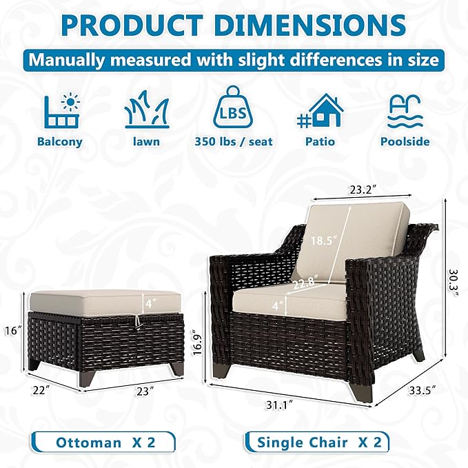 Vista Vibe 4 Pieces Outdoor Patio Conversation Furniture Set - 2 Luxurious Armchairs | 2 Wicker Ottomans, Removable Cushions, Hand-Woven PE Rattan, Office, Porch (Brown/Beige)