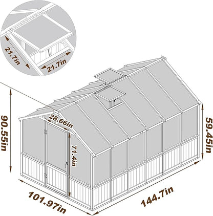 BlueWish 8x12 FT Greenhouse for Outdoors, Wood Green House with Cedar Frame & 6MM Thick Polycarbonate Panel, Walk in Greenhouse with Adjustable Vents for Outdoor, Patio, Garden, Backyard