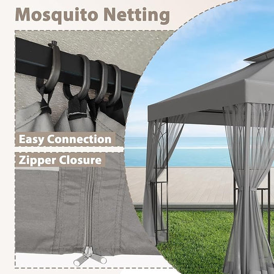 EAGLE PEAK 10x10 Patio Gazebo with Mesh Netting, Double Roof Outdoor Pavilion with Corner Shelves for Lawn, Deck, Garden and Backyard, Gray