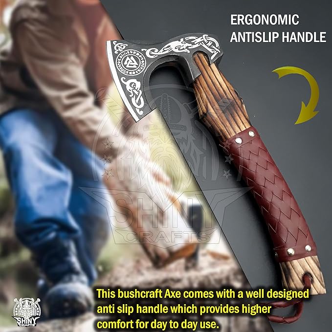 SHINY CRAFTS® Handcrafted Decorative Viking Axe with Leather-Wrapped Handle & Sheath – Engraved Blade – Ceremonial Collectible Gift for Men, History Buffs, Cosplay & Display (Set of 8 Viking Axes)
