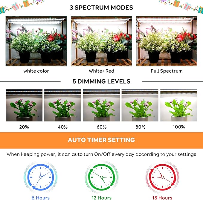 2 Bars Grow Light Strips for Indoor Plants with Auto ON/Off Timer 6/12/18H, 5 Dimmable Levels for Shelves Plant Growing(Pack 2)