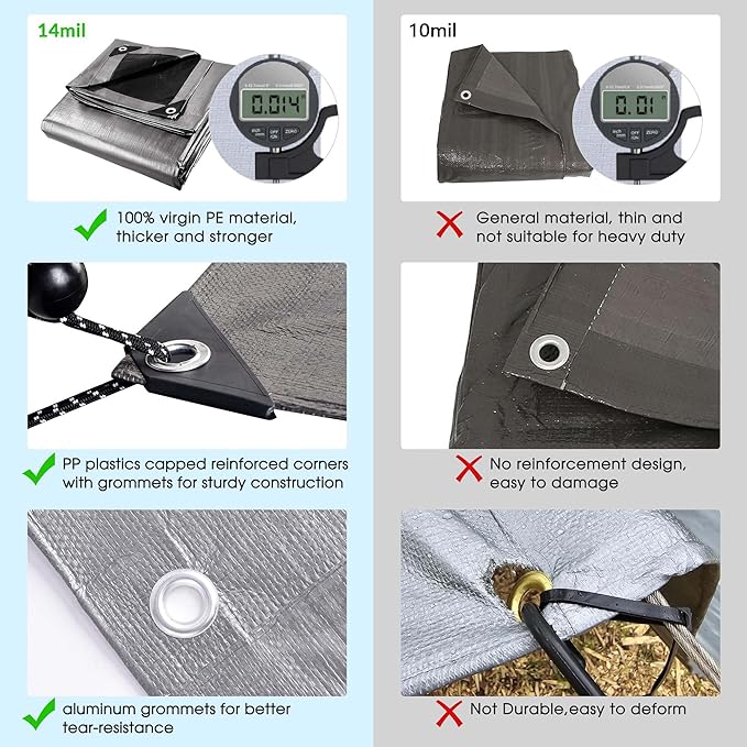 Yescom Tarp Heavy Duty Waterproof 14 Mil 18' x 24' Reinforced Poly Large Tarpaulin Ground Sheet Cover with Grommets for Outdoor Silver & Black
