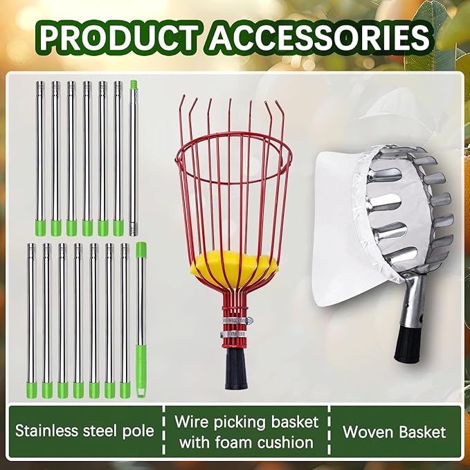 20 Ft Fruit Picker with Wire Basket and Bag Basket,Adjustable Stainless Steel Fruit Picker Pole with Universal Thread Head,35-243 Inch,Pick Fruit Tool,Suitable for Picking Apples,Mangoes and Others