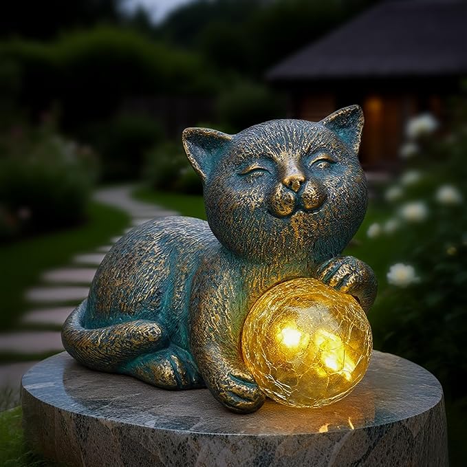 MININOVA Solar Garden Cat Statue with LED Light Ball Cat Figurine Outdoor Decor in Yard, Patio, Balcony, Perfect Housewarming, Birthday, for Women, Mom, Grandma