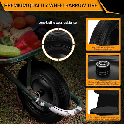 4.80/4.00-8 Flat Free Wheelbarrow Tire with 5/8 & 3/4 Bearing 3" -7" Centered Hub for Garden Cart Ribbed Tread Foamed Polyurethane Tire by NISHCON - 2 Pack