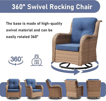 Wicker Outdoor Conversation Set-6 Pieces Outdoor Wicker High Back Couch with Swivel Rocker Chairs Patio Furniture for Deck Poolside Backyard-Yellow/Blue