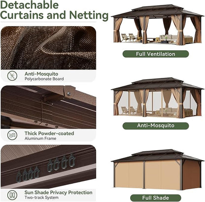 Aoxun 12'x20' Hardtop Gazebo, Aluminum Frame Permanent Pavilion with Curtains and Netting, Outdoor Polycarbonate Double Roof Canopy, Designed for Garden, Lawns, Patio