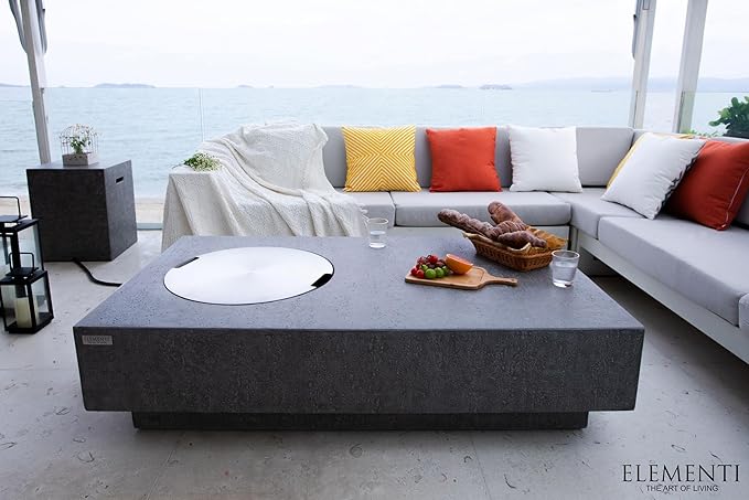 Elementi | Bundle Metropolis Gas Fire Pit Cast Concrete 56" Rectangular Fire Table, Outdoor Fire Pit Electronic Ignition | Canvas Cover, Lava Rock Included | Light Gray (Propane Gas)