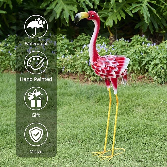 Flamingo Garden Metal Statues - Pink Flamingo Sculptures, Metal Birds Yard Art Outdoor Statue, Outdoor Backyard Decor, Patio, Porch, Lawn Ornament Large Iron Yard Decoration - 33 Inch