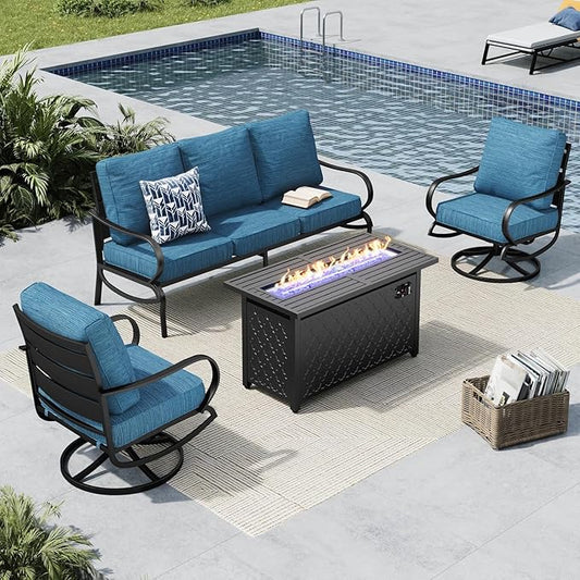 MFSTUDIO 4 Piece Patio Conversation Sets, All Weather Metal Frame Outdoor Furniture Set Patio Sofas with 1 x 45 Rectangular Fire Pit Table,1 x 3-Seat Sofa, 2 x Swivel Chairs, Peacock Blue Cushion