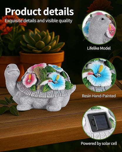 Solar Turtle Figurine Lights with Hummingbird Flower 5.5-inch – Garden Statue for Outdoor Yard Decorations, Lawn Ornaments, Balcony Decor – Ideal Gift for All Occasions (Turtle)