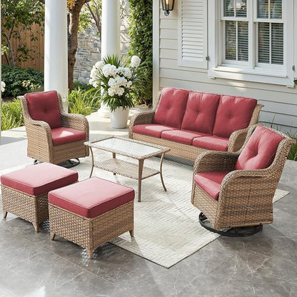 Outdoor Wicker Patio Furniture Set - 6 Piece Rattan Patio Conversation Set with 2 Rocking Swivel Chairs,2 Ottomans,1 Sofa and 1 Coffee Table for Porch Deck Backyard Garden(Yellow/Red)