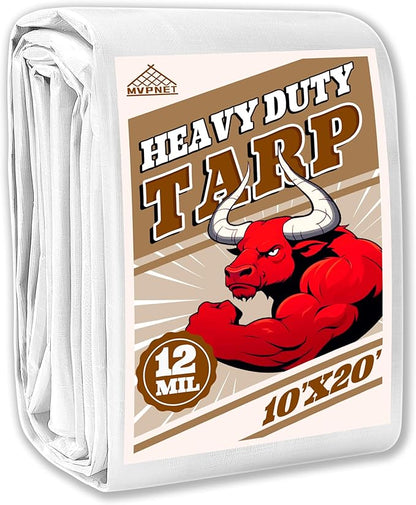 Tarp 10x20 ft Heavy Duty 12mil 100% Waterproof High Durability Multipurpose,Uv Resistant,White Tarp Suitable for Swimming Pools, Boats, Camping, Courtyards, Etc -by MVPNET