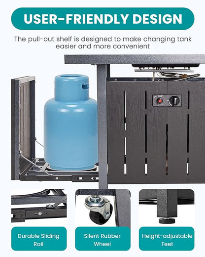 SERWALL 33" Outdoor Fire Pit Table, 50,000 BTU Square Propane Fire Pit Table with Lid, Glass Rock & Glass Wind Guard, HDPE Outdoor Furniture for Patio, Garden, Backyard, Black