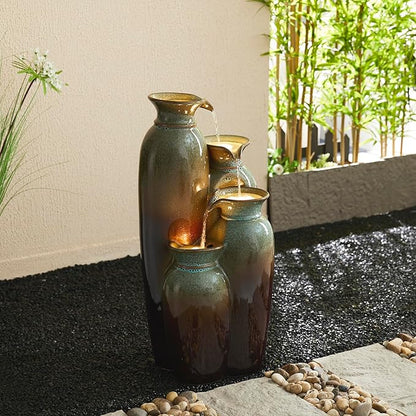 Glitzhome 30.75" H Vase Ceramic Outdoor Water Fountain with LED Lights and Pump, 4-Tier Olive Green and Brown Reactive Glaze Cascading Pots Standing Fountain for Porch Deck Garden Patio Backyard