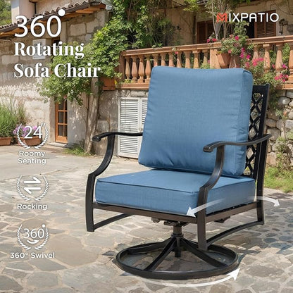 Patio Furniture Set 5 pcs, Outdoor Patio Furniture, 3-Seat Sofa, 2 Swivel Chairs, 2 Ottomans and 5.75" Extra Thick Cushion, Conversation Set for Backyard Deck,Navy Blue