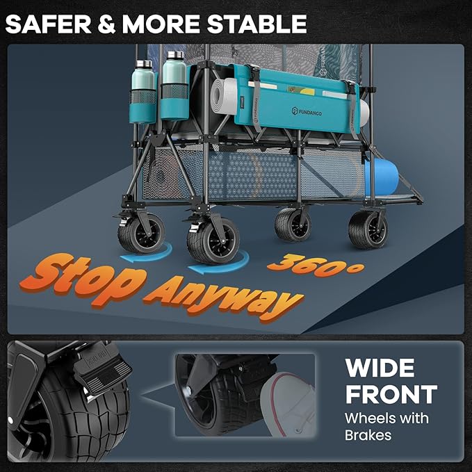 FUNDANGO Double Decker Wagon – 3 Layer 660L Extra High Extender Collapsible Wagons Carts Foldable Heavy Duty with Tailgate, Brakes & All-Terrain Big Wheels for Sports, Camping, Grocery Shopping, Blue