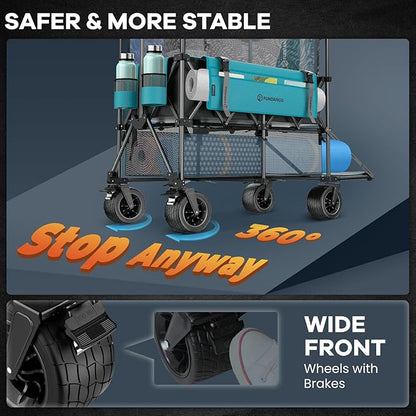 FUNDANGO Double Decker Wagon – 3 Layer 660L Extra High Extender Collapsible Wagons Carts Foldable Heavy Duty with Tailgate, Brakes & All-Terrain Big Wheels for Sports, Camping, Grocery Shopping, Blue
