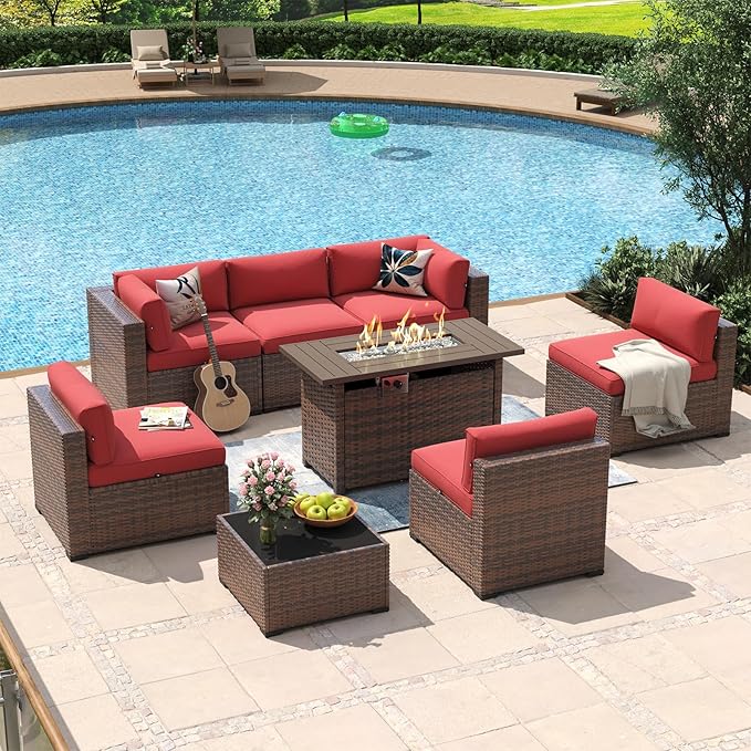 Aoxun 8 Piece Patio Furniture Set with 44” Fire Pit Table Wicker Rattan Outdoor Sectional Sofa Set with Coffee Table and Thickened Cushions, Red (Waterproof Cover Included)