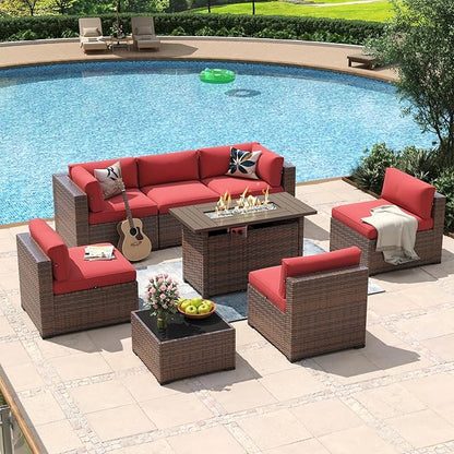 Aoxun 8 Piece Patio Furniture Set with 44” Fire Pit Table Wicker Rattan Outdoor Sectional Sofa Set with Coffee Table and Thickened Cushions, Red (Waterproof Cover Included)