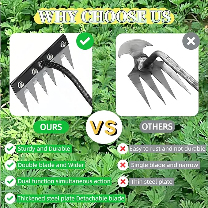 Gardenia Iron Weeding Rake, Iron Rake 2.0 for Gardening and Weeding, Detachable Double-Edged Blade Design Carbon Steel Heavy-Duty Weed Rakes,Hand Weed Puller Tools for Lawn Yard Garden Farm (6 teeths)