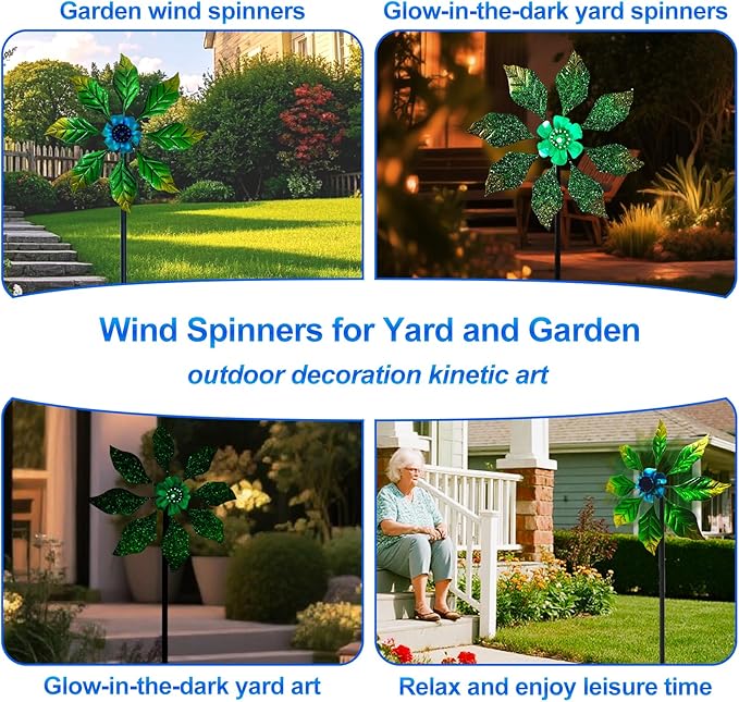 Glow-in-Dark Metal Wind Spinner for Yard and Garden, Outdoor Luminous Wind Spinners Yard Art Garden Decor (13.4" W x 47" H) Blue