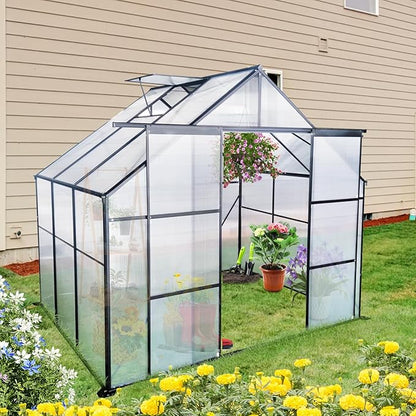 Favfurish 8X6 FT Greenhouses for Outdoors,Double Sliding Door Polycarbonate Greenhouse,Heavy Duty Walk-in Greenhouse, Drainage System & Galvanized Frame for Garden Backyard, Black