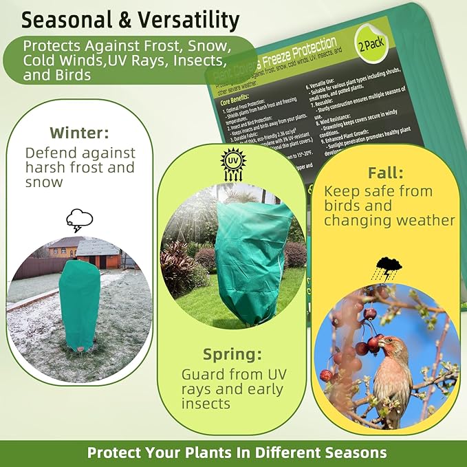 2 Pack Plant Covers Freeze Protection, 75"W x 90"H Winter Frost Blanket 2.36 oz/yd² Fabric Frost Cloth Tree Covers Shrub Jacket Bag with Zipper & Drawstring for Plants Fruit Tree Shrub Potted - Green