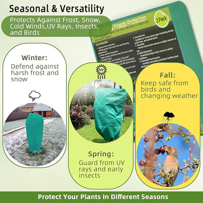 2 Pack Plant Covers Freeze Protection, 48"W x 72"H Winter Frost Blanket 2.36 oz/yd² Fabric Frost Cloth Tree Covers Shrub Jacket Bag with Zipper & Drawstring for Plants Fruit Tree Shrub Potted - Green