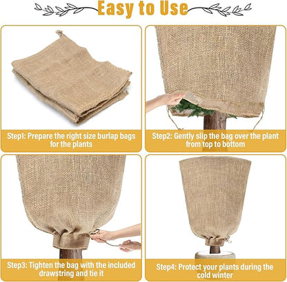 Riare 4 Packs 32 × 40 Inch Burlap Winter Plant Cover Bags with Drawstring- Reusable Large Burlap Sack Plant Frost Protector, Plant Frost Cloth Cold Tree Freeze Blanket for Outdoor Plants Fruit Shrubs