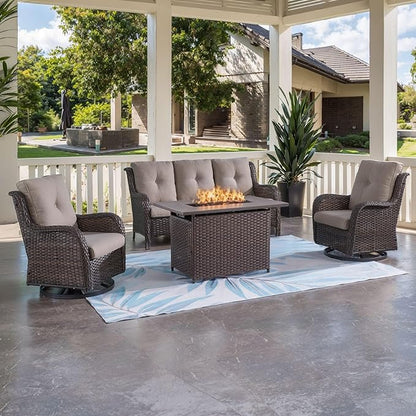 HUMMUH Outdoor Patio Furniture with Fire Pit Table Outdoor Conversation Set PE Wicker Patio Couch Swivel Glider Chairs for Balcony Garden,Lawn,Deck