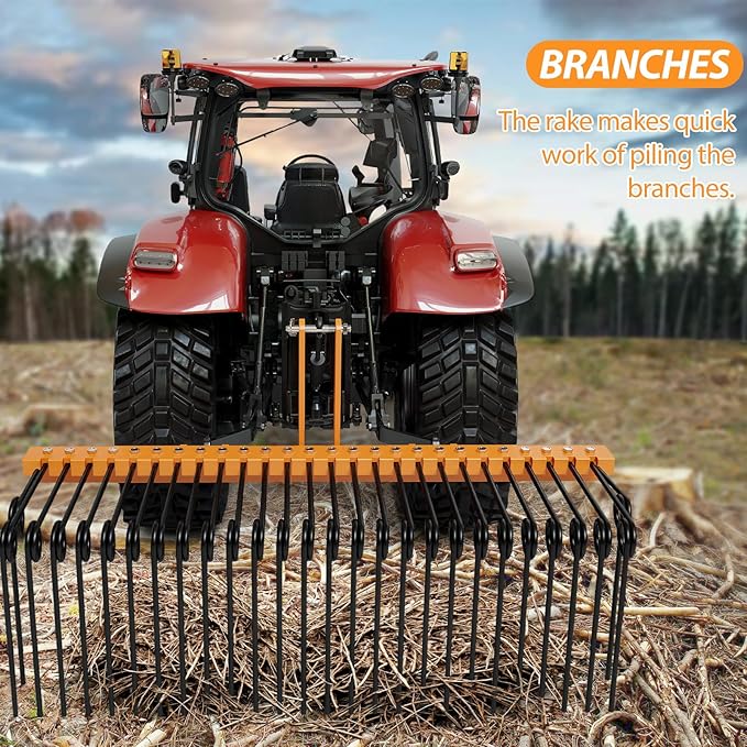 72 Inch Pine Straw Needle Rake, 3 Point Landscape Rake, Powder Coated Steel Spring Tow Behind Rakes, Tractor Attachments for Leaves Straw Grass Attach to Cat 0 Cat 1, Orange