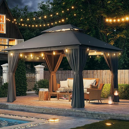 AOXUN Outdoor Gazebo for Patio 10x12, Metal Frame Canopy with Double Roofs, Heavy Duty Party Tent and Shelter with Mosquito Netting and Privacy Screen for Backyard, Lawn, Garden, Deck